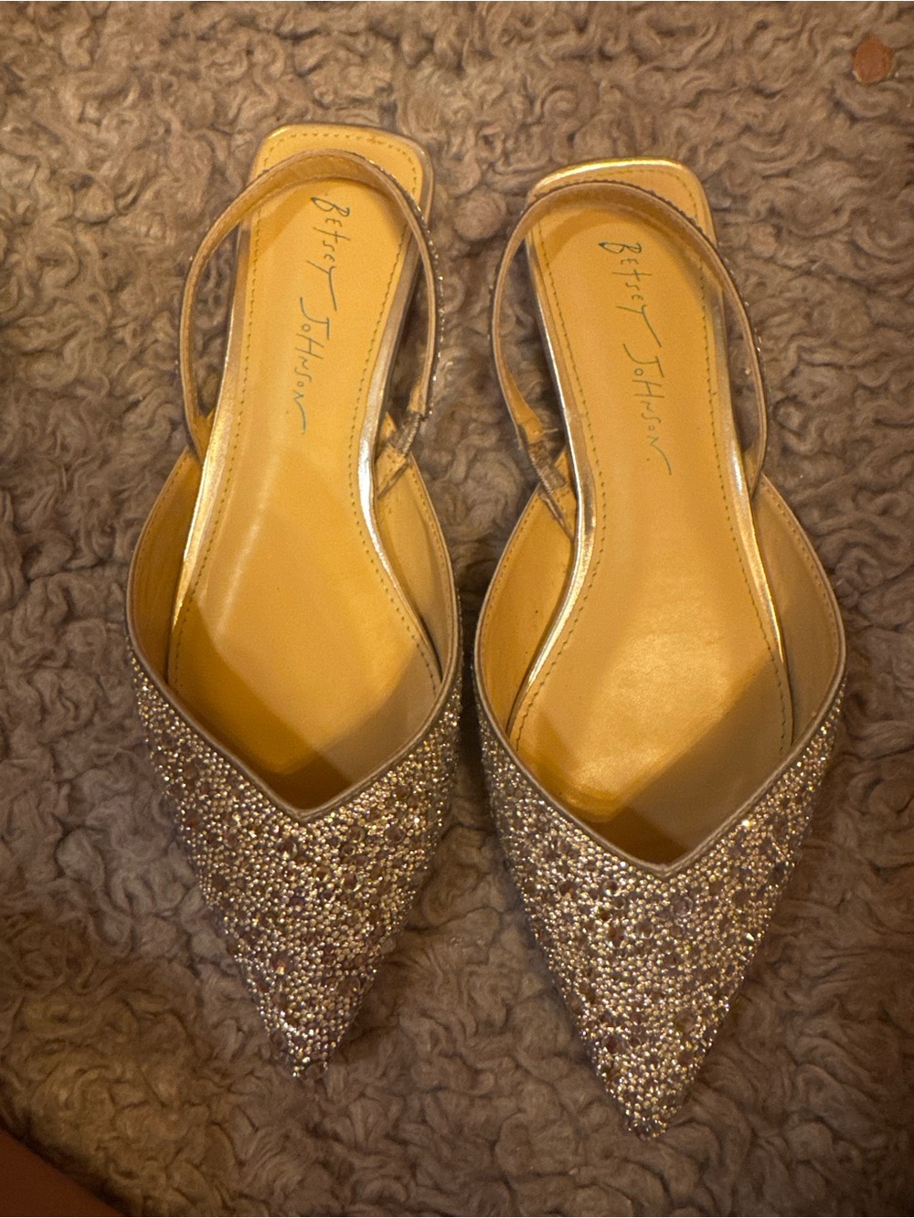 Betsey Johnson Sparkling Gold Pointed Slingback Mules